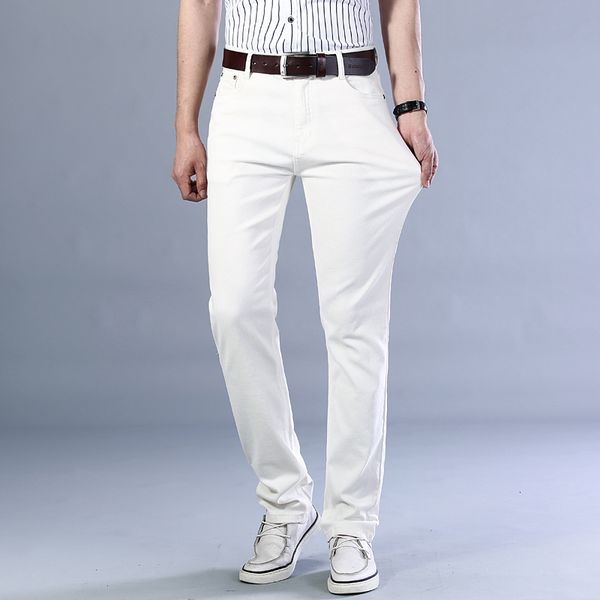 

men s jeans classic style wine red white black fashion business casual straight denim stretch trousers male brand pants 230629, Blue