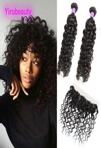 

wet and wavy 2 bundles with lace frontal ear to ear peruvian human hair bundles with frontal part nataural color water wave6914851, Black;brown