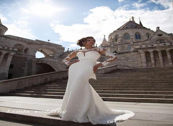 

2019 mermaid wedding dress crew neck applique lace long sleeves bridal gown plus size custom made vestido de noiva2681486, White