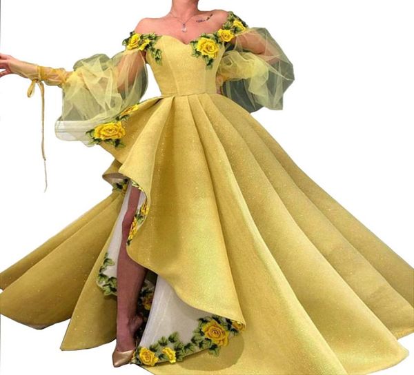 

yellow evening dress off the shoulder 3d flower dubai split formal pleated evening gowns long elegant arabic high low women party 8917009, Black