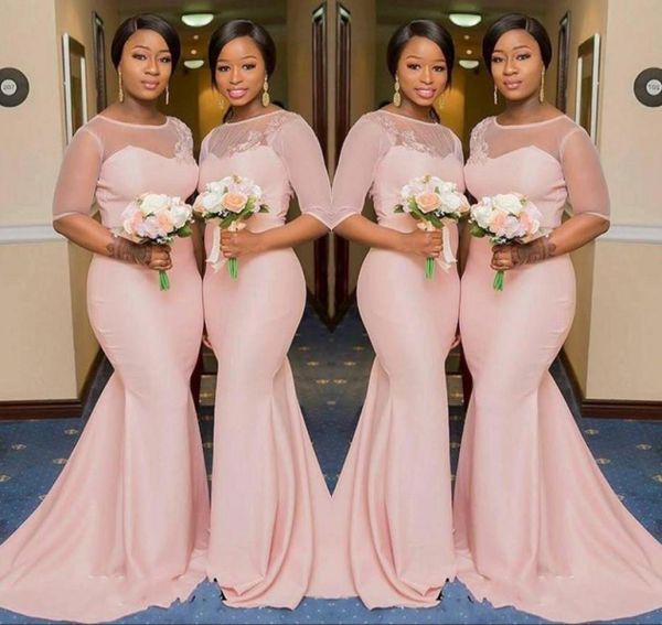 

blush pink sheer jewel neck bridesmaid dresses 12 sleeve mermaid floor length black girls maid of honor gown wedding guest dress7304244, White;pink