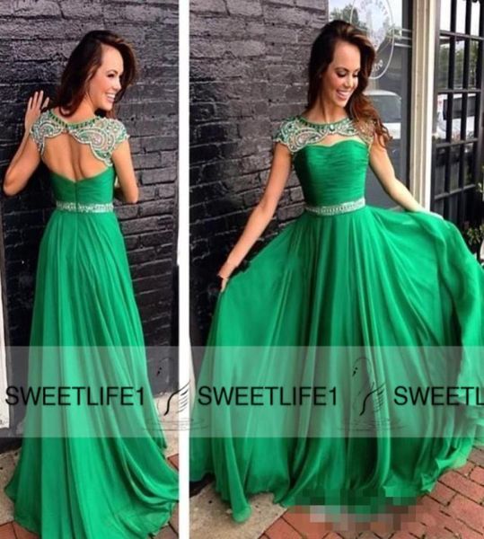 

2019 a line chiffon emerald green ruffles evening dresses beaded formal custom made backless high neck long prom gowns capped slee3983727, Black