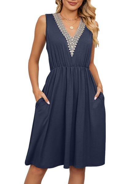 

women sleeveless v neck solid pocket medium dress, Black;gray
