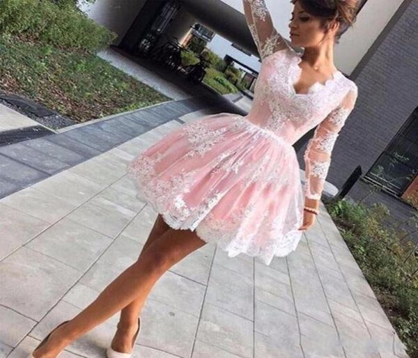 

2018 new charming short homecoming dresses simple v neck long illusion sleeves party dresses lace applique prom cocktail dresses2375309, Blue;pink