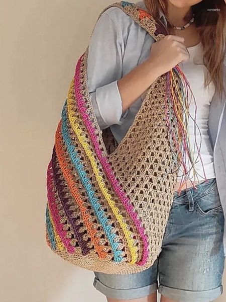 

waist bags casual colorful striped straw women shoulder hollow large tote bag handmade summer beach big bali handabgs holiday