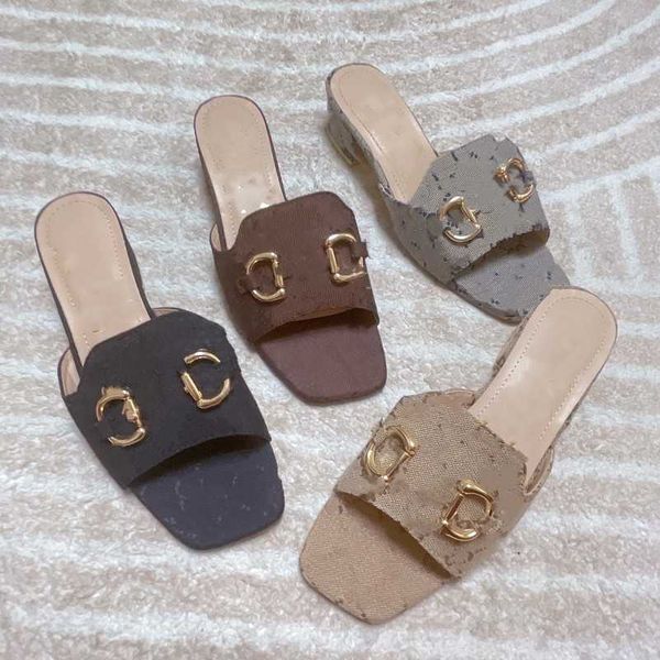 

women's designer sandals square toe slippers interlocking g gold metal buckle mid-heel pumps vintage block heeled high heels mule slipp, Black