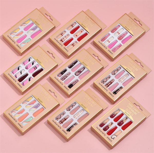 

false nails 24pcs box ballerina full cover artificial manicure tool nail tips wearable multi color long coffin fake nail6680762, Red;gold