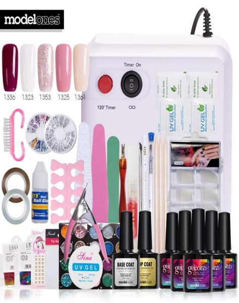 

whole modelones 35pcslot full nails tools set soak off 5 colors nail gel polish fashion 36w uv lamp nail art manicure kit ge6819944