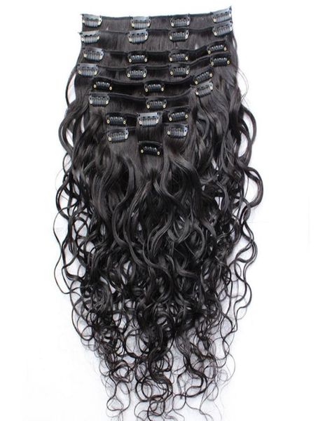 

wet and wavy clip indian human hair extensions full head clip in hair extensions water wave 10pcsset 120gset 6684777, Black;brown