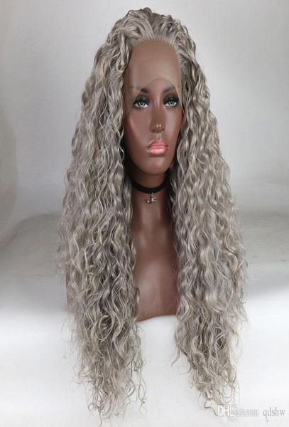 

grey synthetic lace front wig curly with baby hair half hand tied heat resistant fiber silver grey synthetic wigs for black women7866409, Black;brown