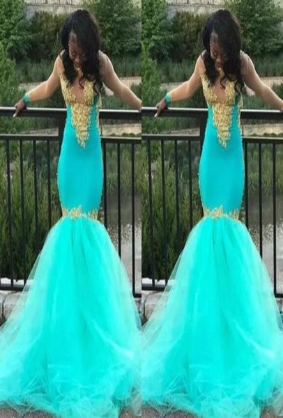 

2019 turquoise prom dresses mermaid with illusion long sleeve gold applique beaded sequin jewel see though back evening gowns form6949230, Black