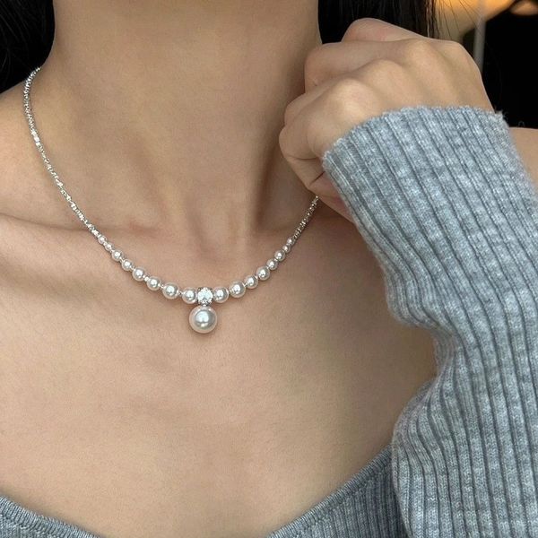 

pearl chain choker necklace pearl pendant for women girls fashion jewelry bridal engagement gifts, Silver