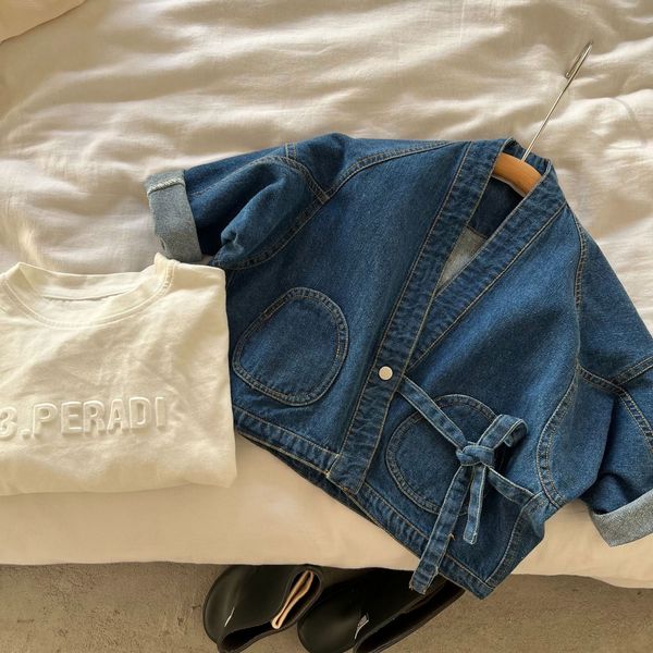 

jackets children s coat 2023 spring summer denim cotton lace up cardigan fashion retro versatile 230630, Blue;gray