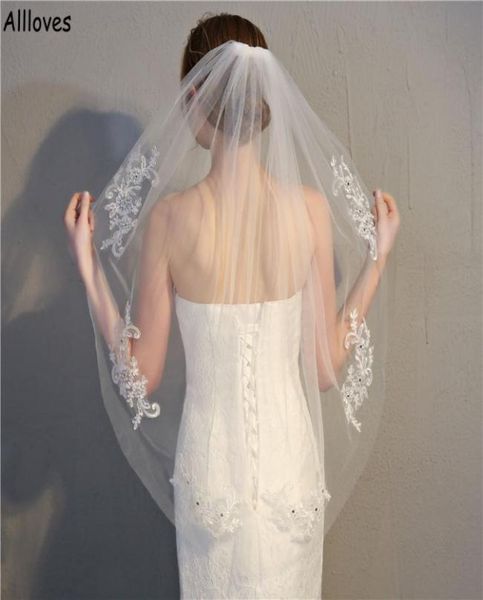 

white ivory tulle bride wedding veils with one layer chic lace edged beaded women hair accessories for prom formal events headwear6091446, Black