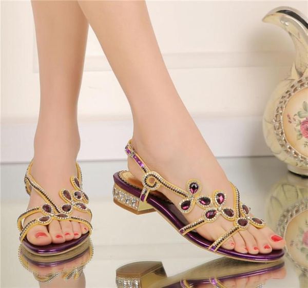 

low heel rhinestone sandals ladies summer shoes crystal flower wedding party shoes purple gold black color large size 9 106356157