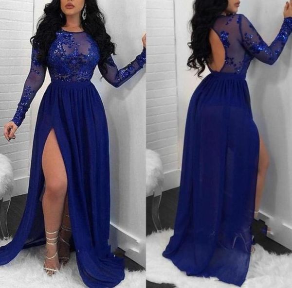 

2019 royal blue long sleeves prom dresses seethrough high split evening dresses sequins appliqued backless party gowns4919067, Black