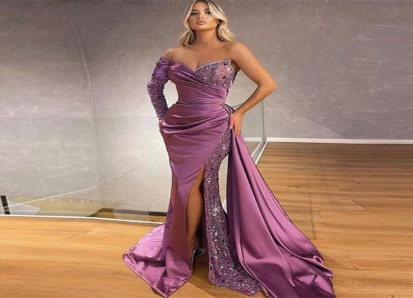 

purple one shoulder long sleeves mermaid evening dresses side slit beaded sequins sweep train formal prom gowns1498607, Black;red