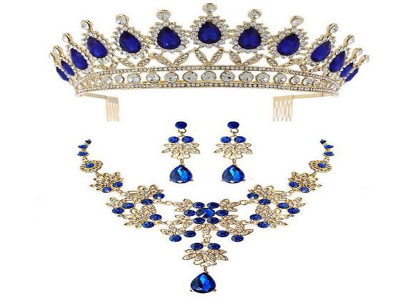 

designer headpieces bridal wedding party dress accessories crown necklaces earrings three piece designer diamond blue red green bi9801661, Silver