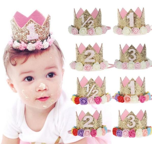 

cute newborn mini sequins gold crown with rose flowers headbands for baby girls crown birthday party hair accessories kids gift a16581561, Slivery;white
