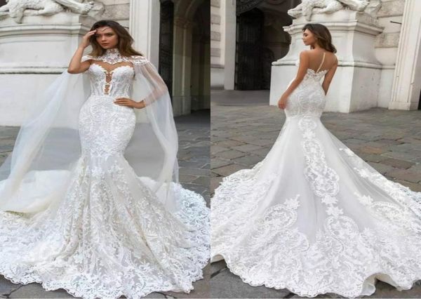 

2019 vintage mermaid lace wedding dresses with cape sheer plunging neck bohemian wedding gown appliqued plus size vestidos de novi8465830, White