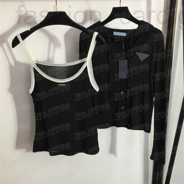 

women's plus size t-shirt designer women hooded knitted cardigan sling vest 2pcs sets design embroidered letter knits shirts tank for f, Black