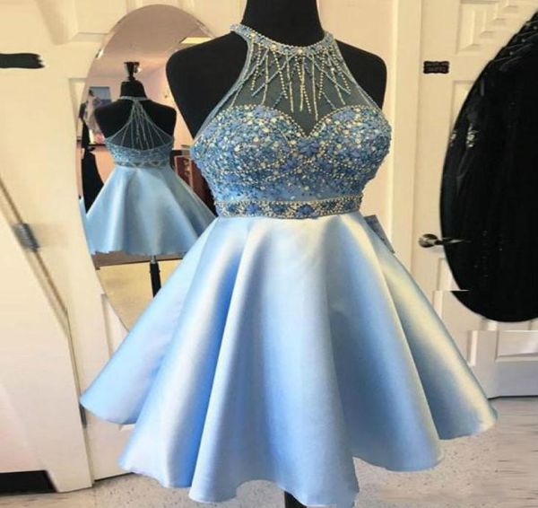 

perfect beads satin homecoming dresses sky blue sheer aline mini knee length 2018 short prom dress cocktail cocktail party club w8918508, Blue;pink