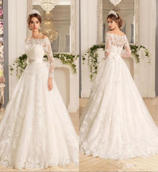 

long sleeve vintage lace vestido de novia off the shoulder wedding dresses with beads a line court train bridal gowns custom5013339, White