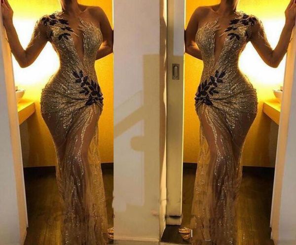 

2021 african mermaid prom dresses gold sequined evening party wear lace appliques see through special occasion gown1671886, Black