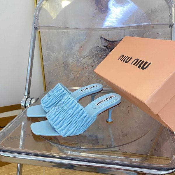 

sheepskin designer mius slide beach sandals shoes women pleated square slippers for women's summer new fashionable flat bottom outerwea