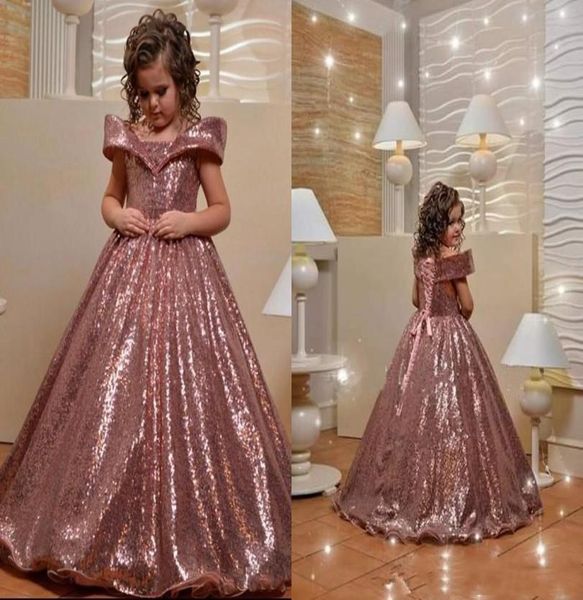 

rose gold sequin girls pageant dresses with off shoulder sparkling sequin floor length a line kid formal pageant dresses 888896, White;red