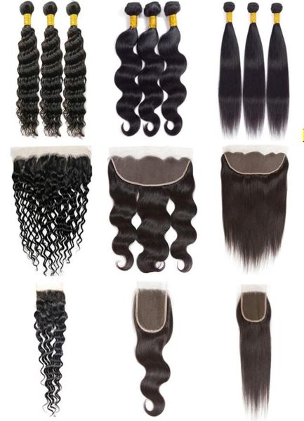 

human virgin hair straight bundles with lace closure frontal brazilian weave weft body natural water deep wave jerry afro kinky cu7993700, Black