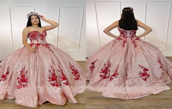 

glitter sequins tulle rose pink prom quinceanera dresses red floral applique beading strapless corset back princess sweet 16 dress4964981, Black
