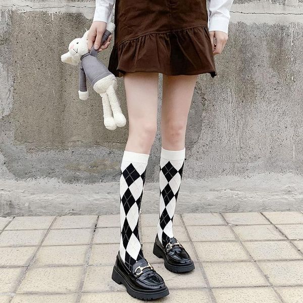 

women socks long stockings cotton diamond warm thigh high ladies girls street fashion young casual knee harajuku, Black;white