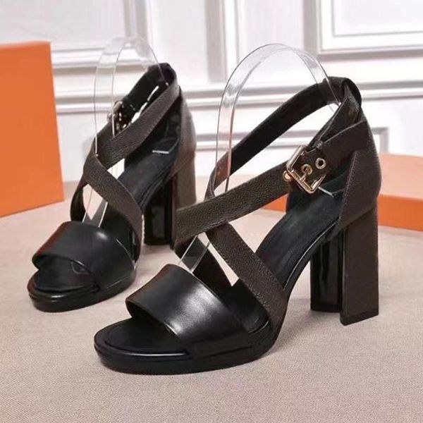 

classic high heeled sandals party 100% leather women dance shoe designer letter heels 10cm lady metal belt buckle thick heel woman shoes lar, Black