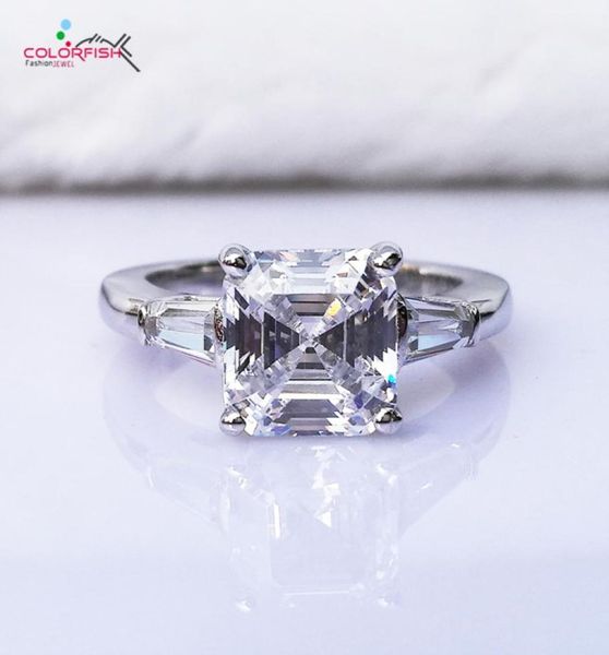 

colorfish luxury asscher cut three stone engagement ring 3 carat brilliant synthetic nscd women 925 sterling silver wedding ring j8486821, Slivery;golden