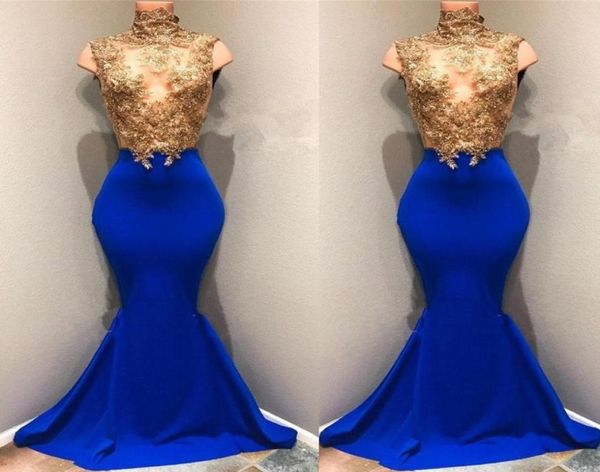 

modest african gold lace appliqued prom dresses 2019 high neck mermaid sequins royal blue sleeveless sheer evening gowns ba8171112131, Black
