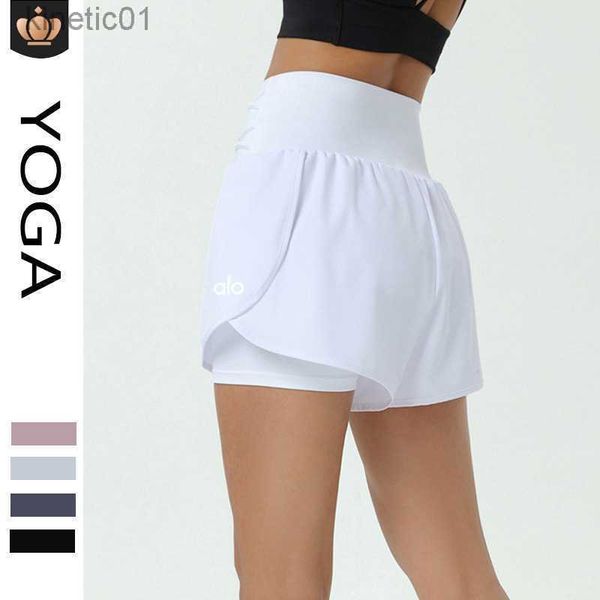 

desginer alo yoga shorts pants women's summer high waist double layer anti glare tennis sports pants running fitness quick drying pants, White;black