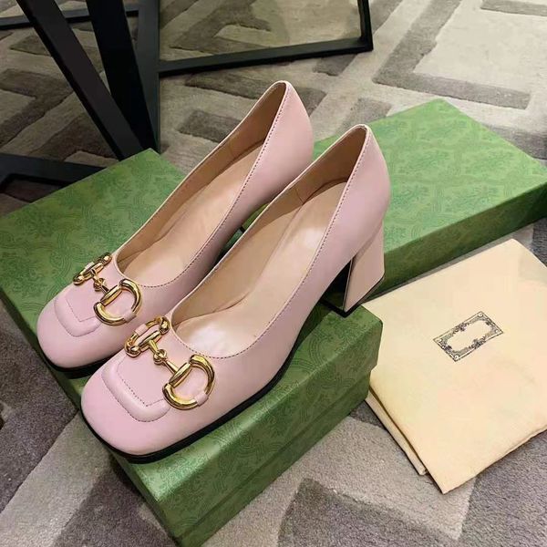 

2023 women dress shoes designer shoes spring autumn fashion square toe coarser heel high heels leather metal buckle sandals lady heeled boat, Black