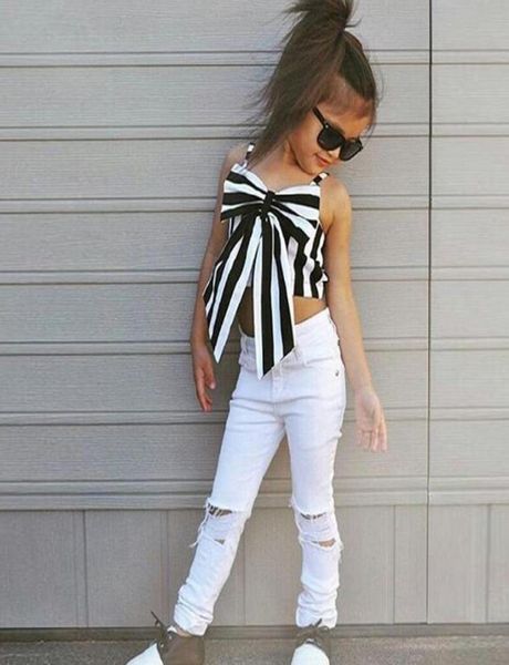 

toddler kids baby girl big bow stripe ripped pants outfits clothes 2pcs set summer sleeveless cotton clothing8769687, White