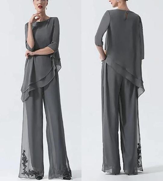 

pantsuit jumpsuit mother of the bride dresses plus size jewel neck floor length chiffon 34 sleeve evening gowns lace appliques wo4027044, Black;red