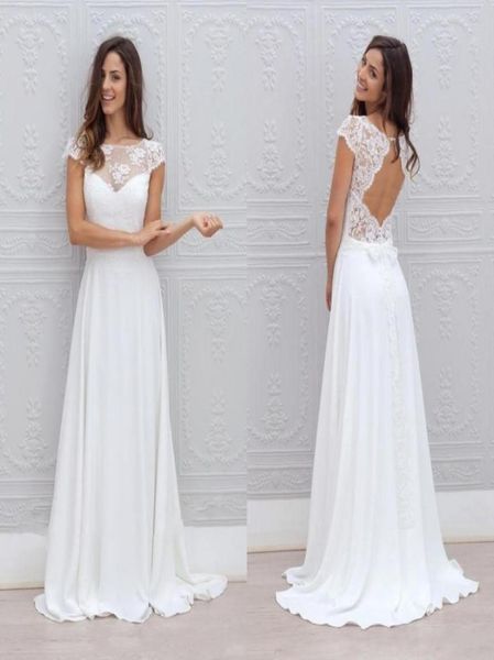 

elegant 2019 boho casual beach wedding dresses open back capped sleeves a line sweep train white lace and chiffon summer bridal go2607282