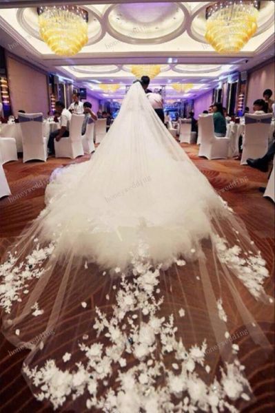 

luxury appliques cathedral lace tulle wedding veils handmade flowers exquisite white ivory tulle bridal veil 5m 3m6548192, Black