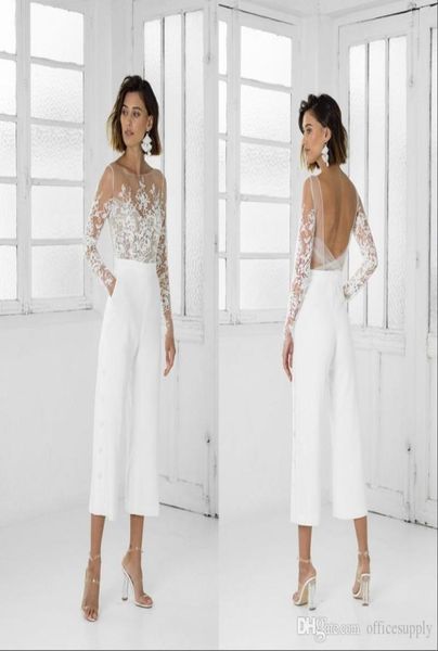 

vintage white women jumpsuit wedding dresses with long sleeves tea length custom made beach garden wedding bridal gown6726394