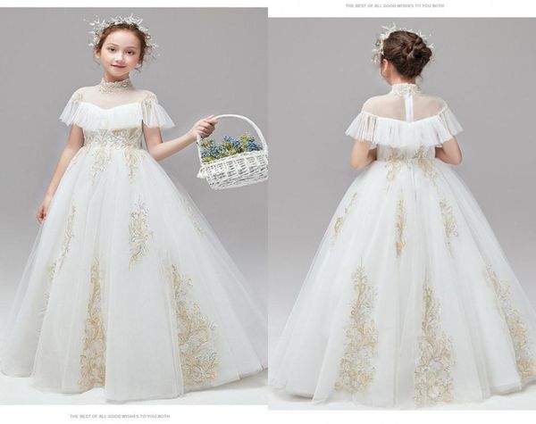 

2021 first holy communion dresses high neck ivory tulle gold embroidered boho short sleeves flower gilr dress for wedding toddler 1527879, White;blue