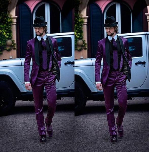 

brand new purple men wedding tuxedos fashion groom tuxedos black shawl lapel one button men blazer 2 piece suitjacketpantstie 7310010, Black;gray