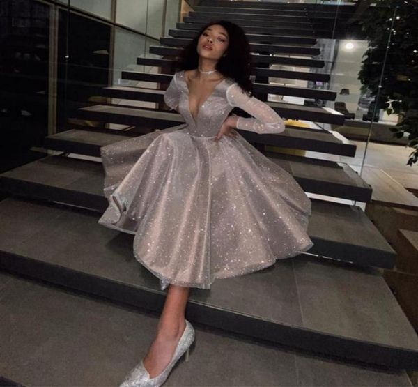 

sparkling prom dresses 2022 robe longue v neck long sleeves knee length formal party dress evening party gowns vestido festa long9412392, Black