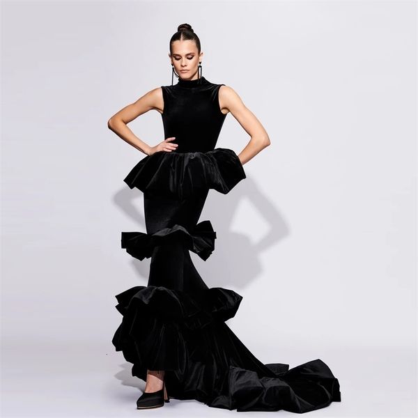 

urban dresses striking black velour long mermaid gowns tiered elegant formal party high collar end prom 230629, White;black