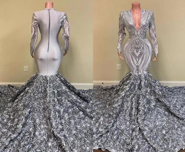 

vintage long sleeve prom dresses mermaid v neck silver full sleeve 3d flowers long train women formal party evening gowns6941859, Black