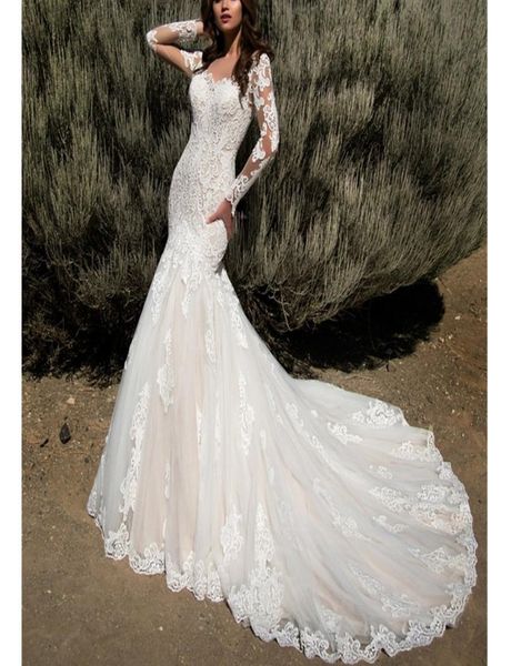 

luxurious mermaid bridal gowns long sleeves wedding dresses scoop neck tiered ruffles chapel train robe de soiree2144633, White
