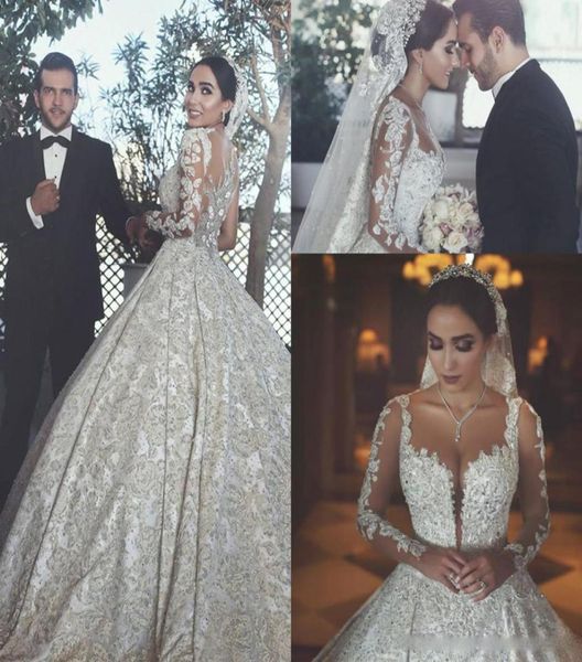 

2018 retro sheer neck illusion long sleeves wedding dresses with lace applique beaded arabic bride wedding gowns6236730, White